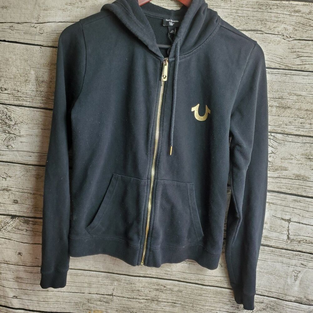 Junior's Religion Black Zip Up Hoodie Sweatshirt Gold Size Large